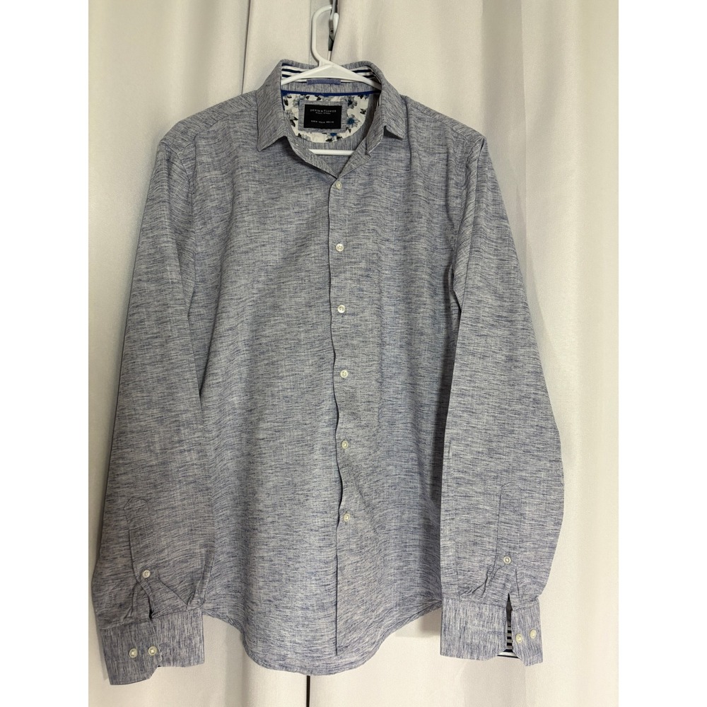 Denim & Flower Ricky Singh Mens Blue Heathered Floral Trim Button Down Shirt M